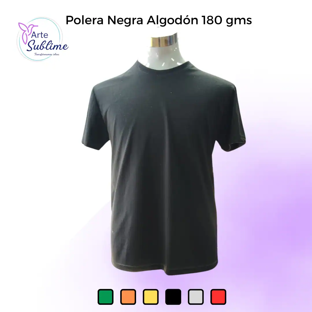 Polera Negra Algodón 180 gms - Polera Subli PU - Polera DTF - Polera Cuello Redondo Unisex de algodón