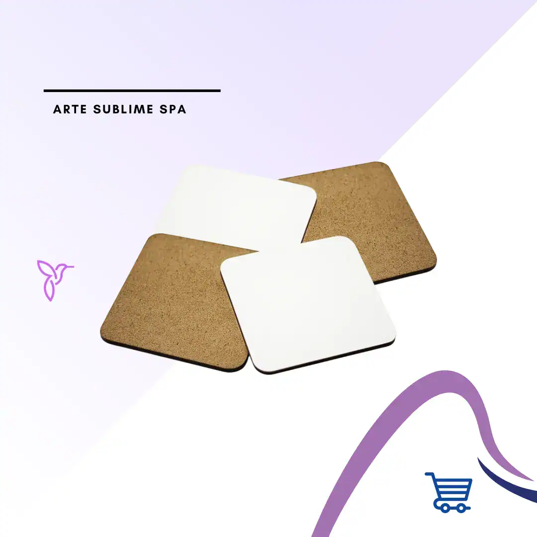 Posavasos MDF Con corcho Cuadrado 9,5x9,5 cm - Kit de 4 Posavasos Cuadrado MDF para Sublimar