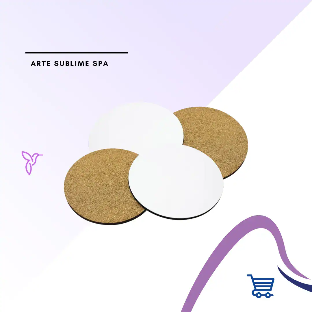 Posavasos MDF Con corcho Redondo 9,5 - Kit de 4 Posavasos Redondo MDF para sublimar