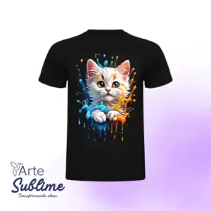 Gato artístico con pintura de colores en camiseta negra Servicio de Estampado en Pecho Completo - Servicio de Estampado de Diseño Completo en Espalda 30x35 cm.