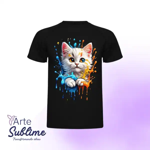 Gato artístico con pintura de colores en camiseta negra Servicio de Estampado en Pecho Completo - Servicio de Estampado de Diseño Completo en Espalda 30x35 cm.